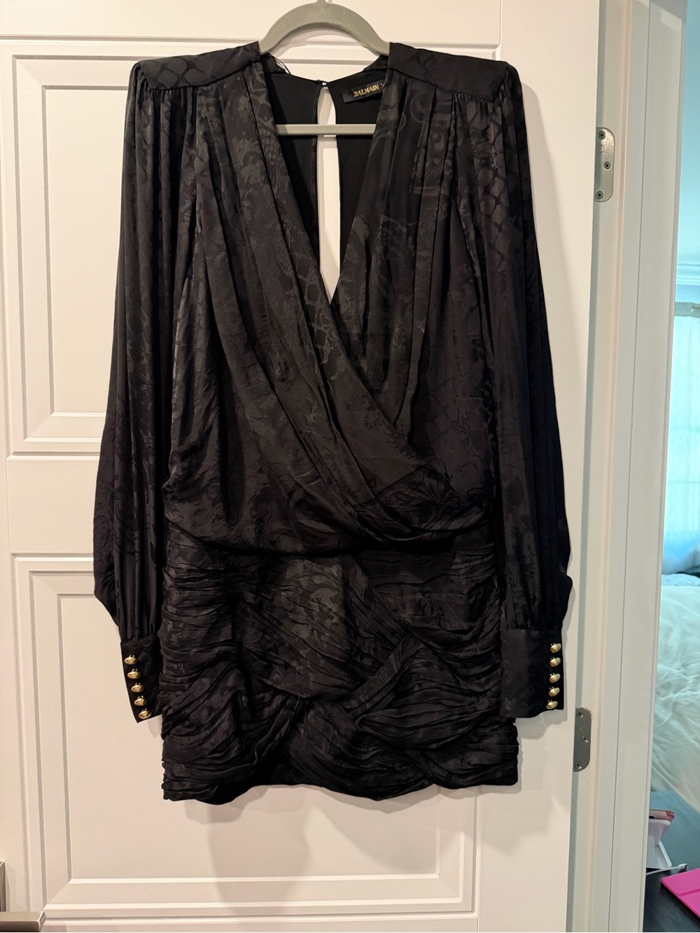 Balmain x hm black  Draped Long-Sleeve Mini Dress with Gold Button Cuffs